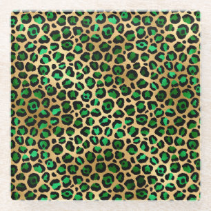 Stilvolle dunkelgrüne und goldene Folien-Leoparden Glasuntersetzer