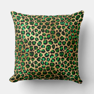 Stilvolle dunkelgrüne und goldene Folien-Leoparden Kissen