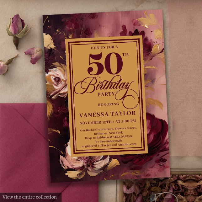 Stilvolle dunkelrote Rose, Goldgold 50. Geburtstag Einladung (Stylish dark red blush gold roses 50th birthday invite

)