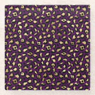 Stilvolle dunkelviolette und goldene Folien-Leopar Glasuntersetzer