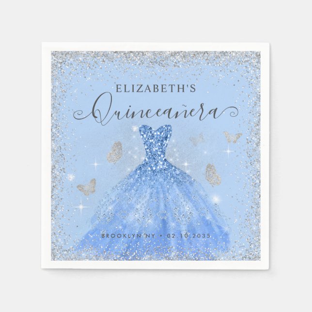 Stilvolle Dusty Blue Silver Glitzer Gown Quinceañe Serviette (Vorderseite)