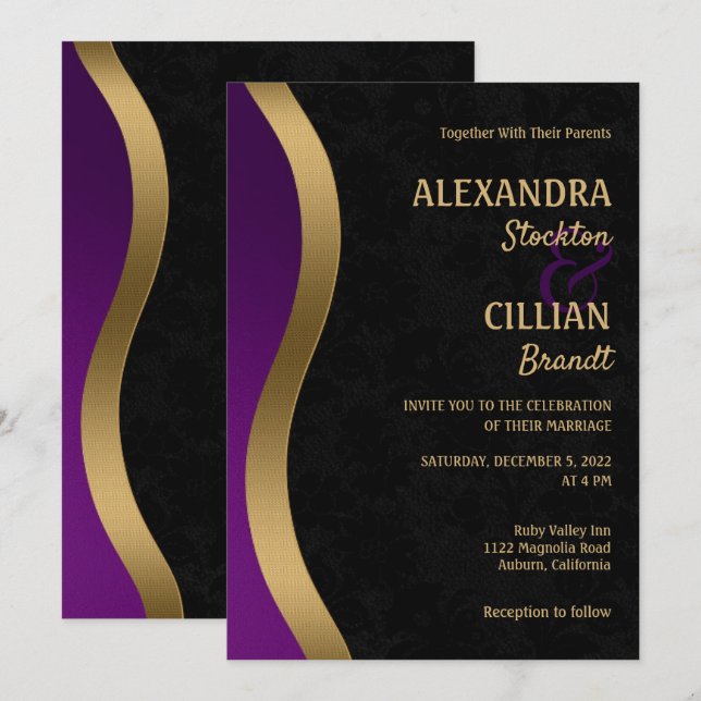 Stilvolle Einladung für Lila Hochzeiten und Golden (Vorne/Hinten)