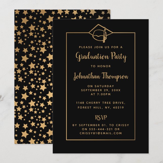 Stilvolle Einladungen zur Black & Gold Graduation  (Vorne/Hinten)