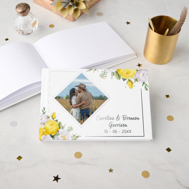 Stilvolle, einzigartige, gelbe Rosen Floral Gold Gästebuch (Vorderseite Offen)