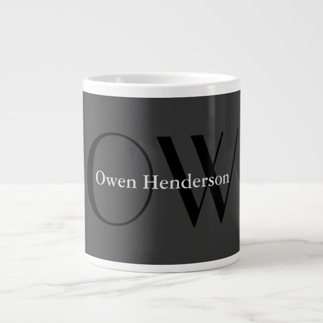 Stilvolle Einziges Grau-Schwarz-Monogramm Jumbo-Tasse (Vorderseite)