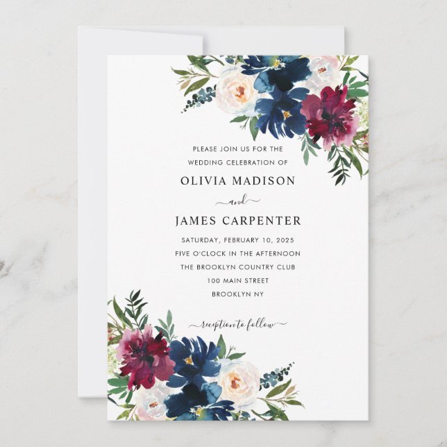 Stilvolle Elegant Burgundy Navy Blue Floral Weddin Einladung (Vorderseite)
