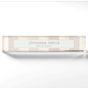 Stilvolle, elegante Beige Linen und Gold gestreift Namensplakette