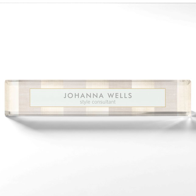 Stilvolle, elegante Beige Linen und Gold gestreift Namensplakette (Vorderseite)