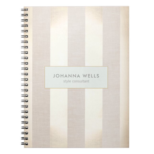 Stilvolle, elegante Beige Linen und Gold gestreift Notizblock (Vorderseite)