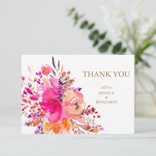 Stilvolle elegante, rosa, florale Hochzeitsflat Dankeskarte (Stehend Vorderseite)