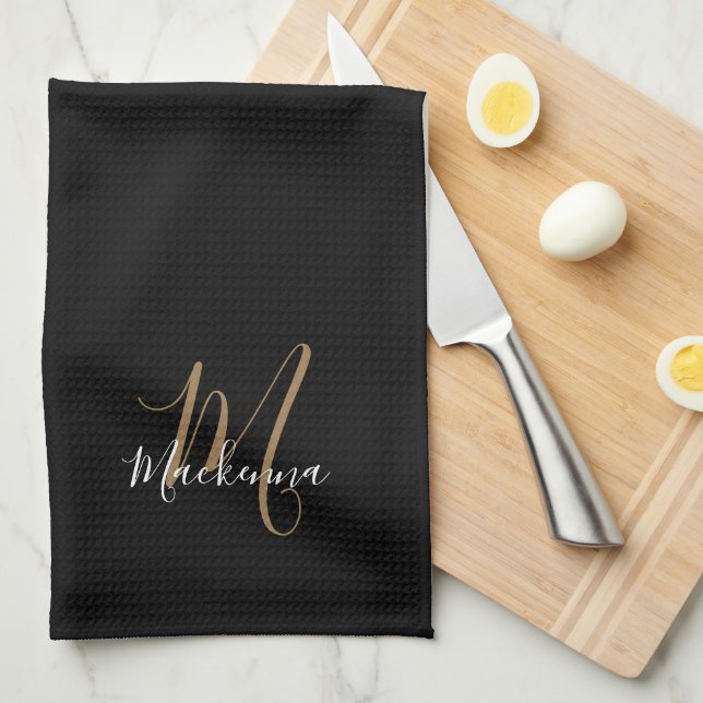 Stilvolle, elegante Schwarz-Gold-Script-Name Monog Geschirrtuch (Viertel Falte)