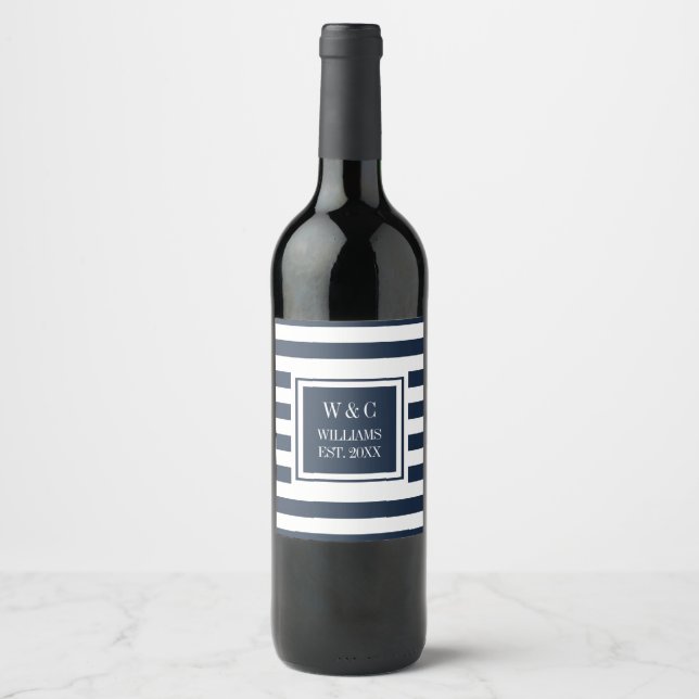 Stilvolle Familienname Monogram Navy Blue Stripe Weinetikett (Vorderseite)