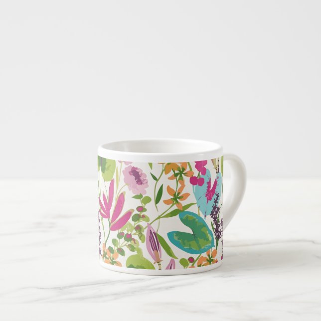 Stilvolle farbenfrohe Sommer-Tropenblumenmuster Espressotasse (Vorderseite Rechts)