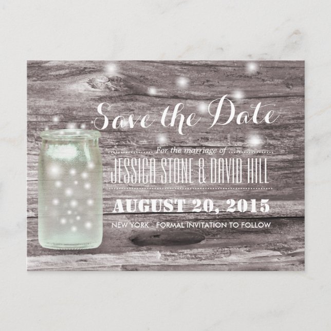 Stilvolle Fireflies Mason Jar Wood Save the Date Ankündigungspostkarte (Vorderseite)