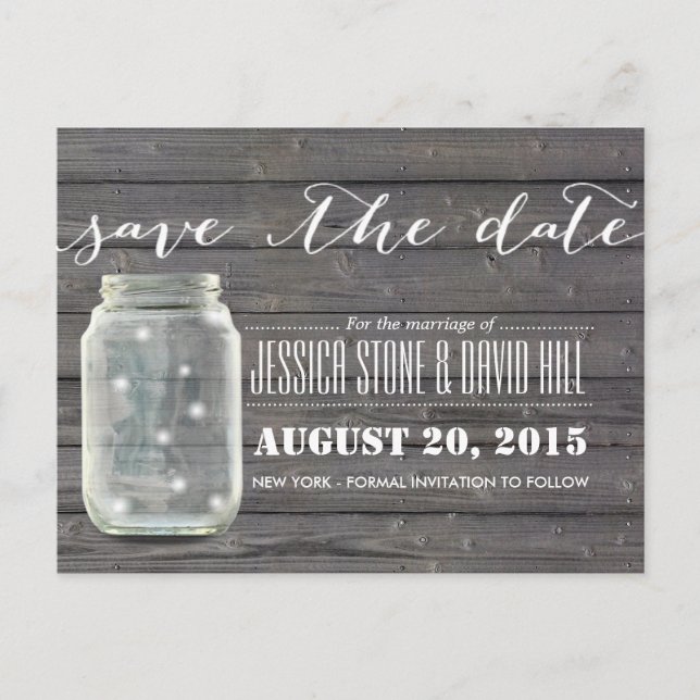 Stilvolle Fireflies & Mason Jar Wood Save the Date Ankündigungspostkarte (Vorderseite)