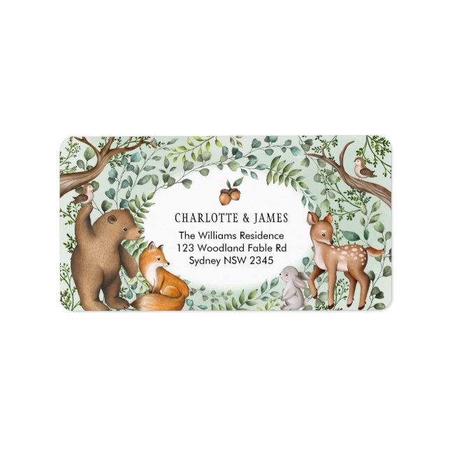 Stilvolle Forest Woodland Baby Animals Grüne Adressaufkleber (Vorne)