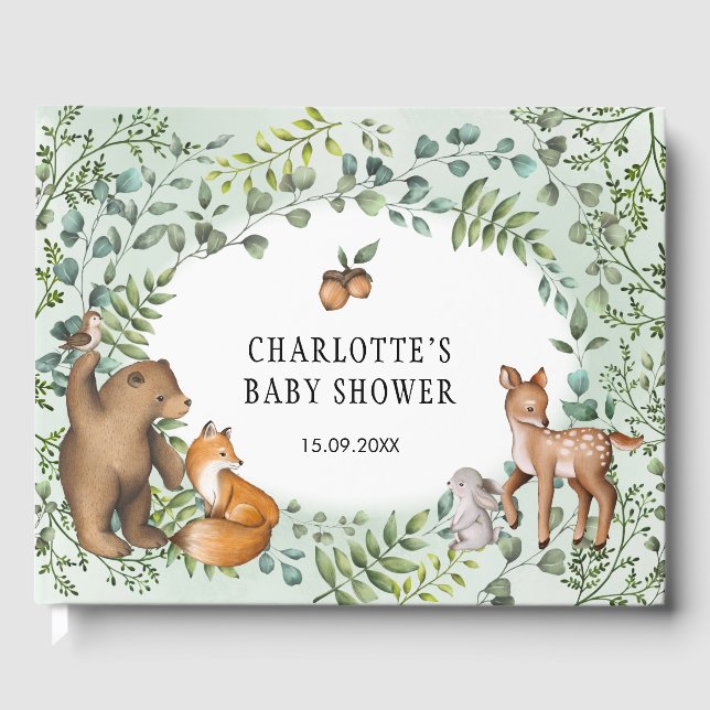 Stilvolle Forest Woodland Baby Animals Grüne Gästebuch (Vorderseite)