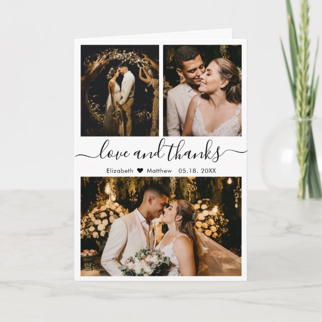 Stilvolle Foto-Collage für Hochzeiten Danke, Scrip Dankeskarte (Vorderseite)