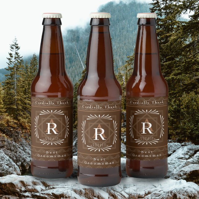 Stilvolle Frame Brown Monogram Bierflaschenetikett (Modern stylish Monogram Design. )