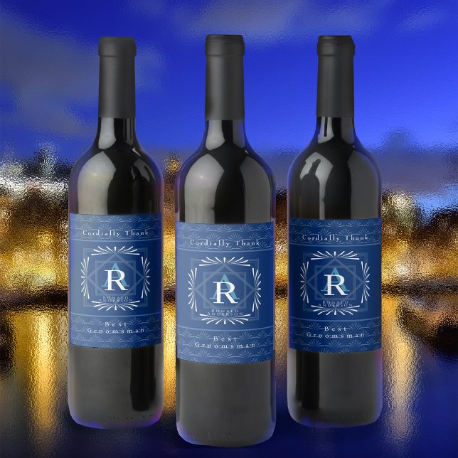 Stilvolle Frame Navy Monogram Weinetikett (Modern stylish Monogram Design. )