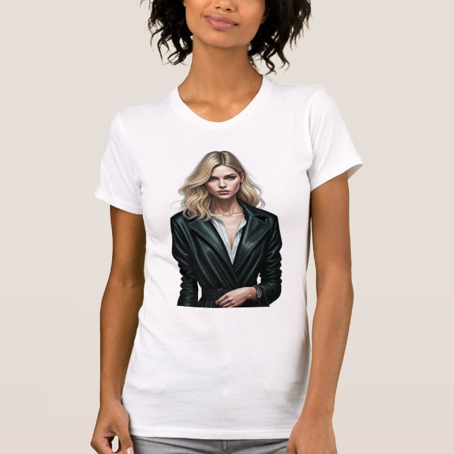 Stilvolle Frau im schwarzen Ledermantel - Mode Dig T-Shirt (Vorderseite)