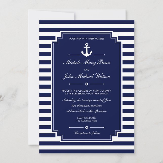 Stilvolle Fresh Nautical Blue White Wedding Einlad Einladung (Vorderseite)