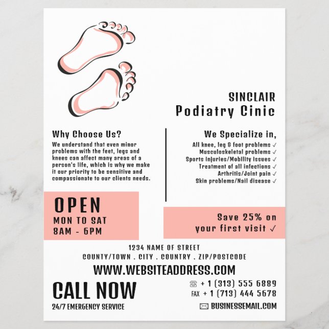 Stilvolle Fußabdrücke, Podiatrie-Klinik, Podiatris Flyer (Vorne)