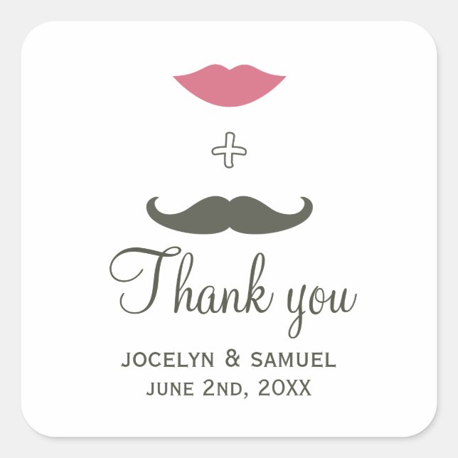 Stilvolle Gastgeschenk Hochzeit Mustache and Lips Quadratischer Aufkleber (Vorderseite)