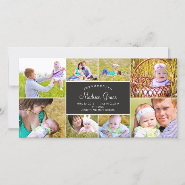 Stilvolle Geburtserklärung von Collage - Kohle Ankündigung (Vorderseite)