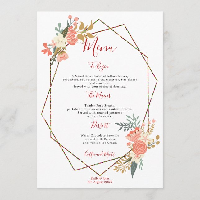 Stilvolle geometrische Rahmen Ambrose Florals Wedd Menükarte (Vorderseite)