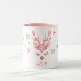 Stilvolle Girly Pink Snowflakes Rentiere Weihnacht Tasse