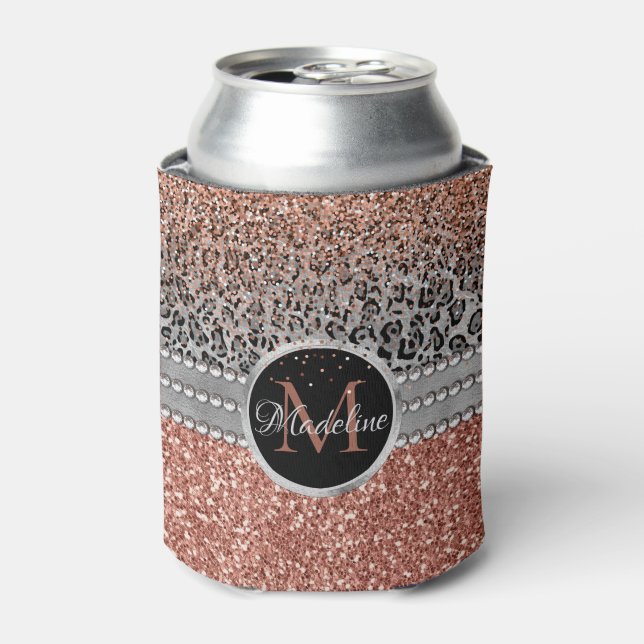 Stilvolle Girly Rose Gold Glitzer Leopard Monogram Dosenkühler (Kanne Vorderseite)