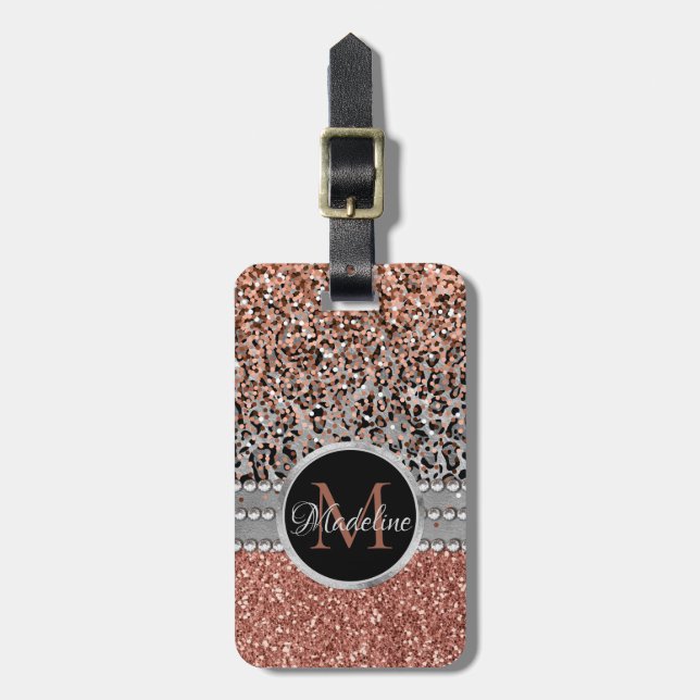 Stilvolle Girly Rose Gold Glitzer Leopard Monogram Gepäckanhänger (Vorderseite vertikal)