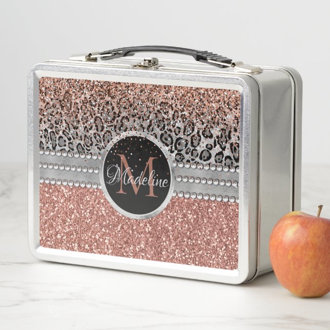 Stilvolle Girly Rose Gold Glitzer Leopard Monogram Metall Brotdose (Beispiel)
