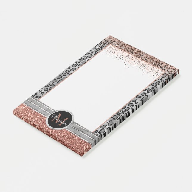 Stilvolle Girly Rose Gold Glitzer Leopard Monogram Post-it Klebezettel (angewinkelt)
