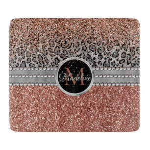 Stilvolle Girly Rose Gold Glitzer Leopard Monogram Schneidebrett