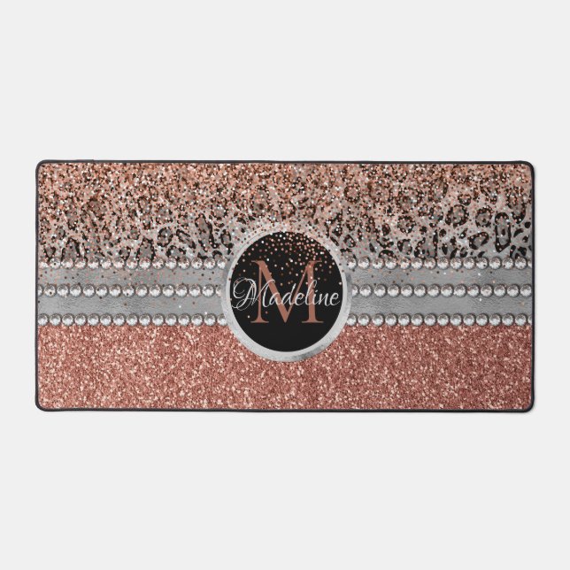 Stilvolle Girly Rose Gold Glitzer Leopard Monogram Schreibtischunterlage (Vorderseite)