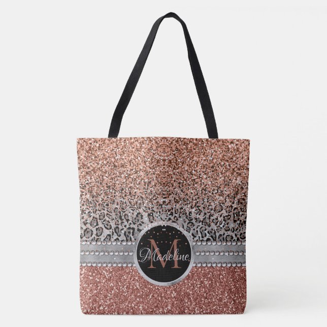Stilvolle Girly Rose Gold Glitzer Leopard Monogram Tasche (Vorderseite)