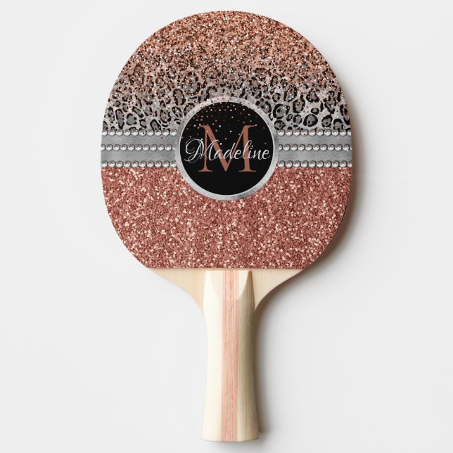 Stilvolle Girly Rose Gold Glitzer Leopard Monogram Tischtennis Schläger (Vorderseite)