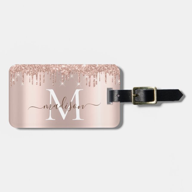 Stilvolle Girly Rose Gold Glitzer Monogram   Gepäckanhänger (Vorderseite horizontal)