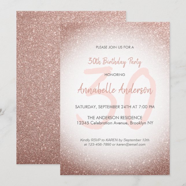Stilvolle Glam Pink Rose Gold Sparkle 30. Geburtst Einladung (Vorne/Hinten)