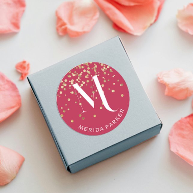 Stilvolle Glam Red Gold Glitzer Initial Monogram Runder Aufkleber (Von Creator hochgeladen)