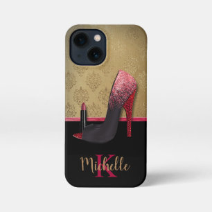 Stilvolle Glitzer-Ferse, Lipstick und Monogramm iPhone 13 Mini Hülle