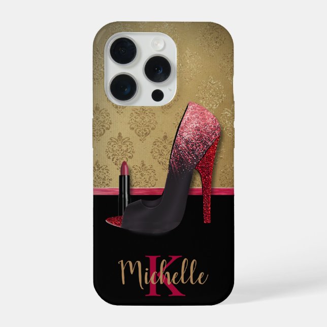 Stilvolle Glitzer-Ferse, Lipstick und Monogramm iPhone 15 Pro Hülle (Rückseite)
