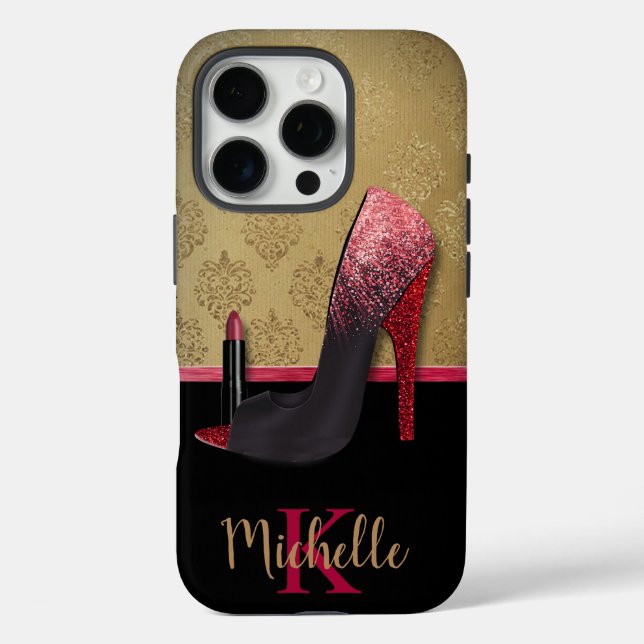 Stilvolle Glitzer-Ferse, Lipstick und Monogramm iPhone 16 Pro Hülle (Rückseite)