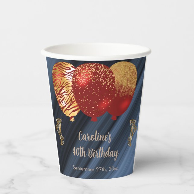 Stilvolle Glitzer & Gold Red Balloons 40. Geburtst Pappbecher (Vorderseite)