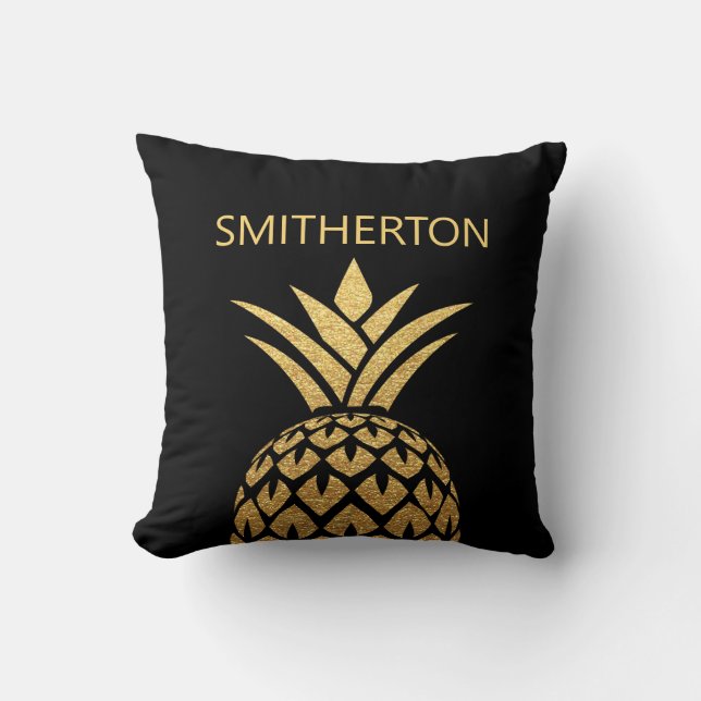 Stilvolle Gold Ananas Black Family Name Kissen (Vorderseite)