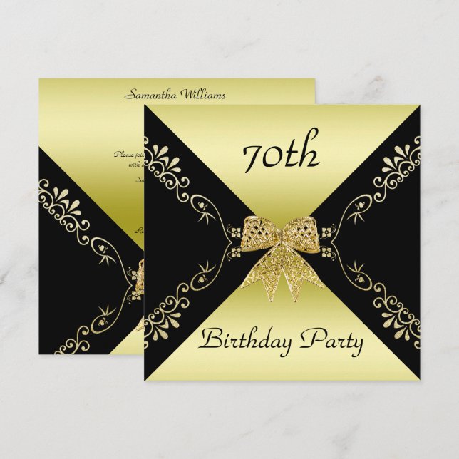 Stilvolle Gold & Black Decorative Bow 70. Geburtst Einladung (Vorne/Hinten)