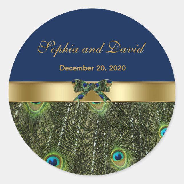 Stilvolle Gold Blue Peacock Wedding Monogram Runder Aufkleber (Vorderseite)