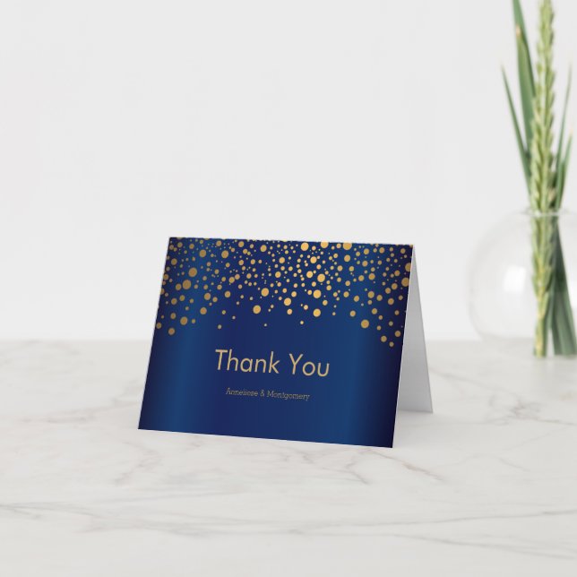 Stilvolle Gold Confetti Dots | Navy Blue Satin Dankeskarte (Vorderseite)